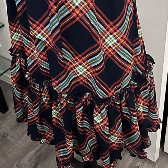 New York & Company Plaid Sleeveless Dress Sz XS Navy Red Green Ruffle Tiered - Picture 6 of 9